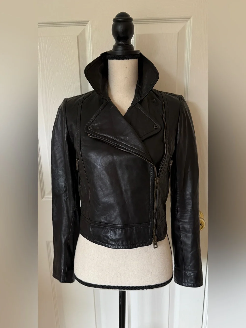 Coach Black Lamb Leather Side Zip Moto Short Jacket XS $995